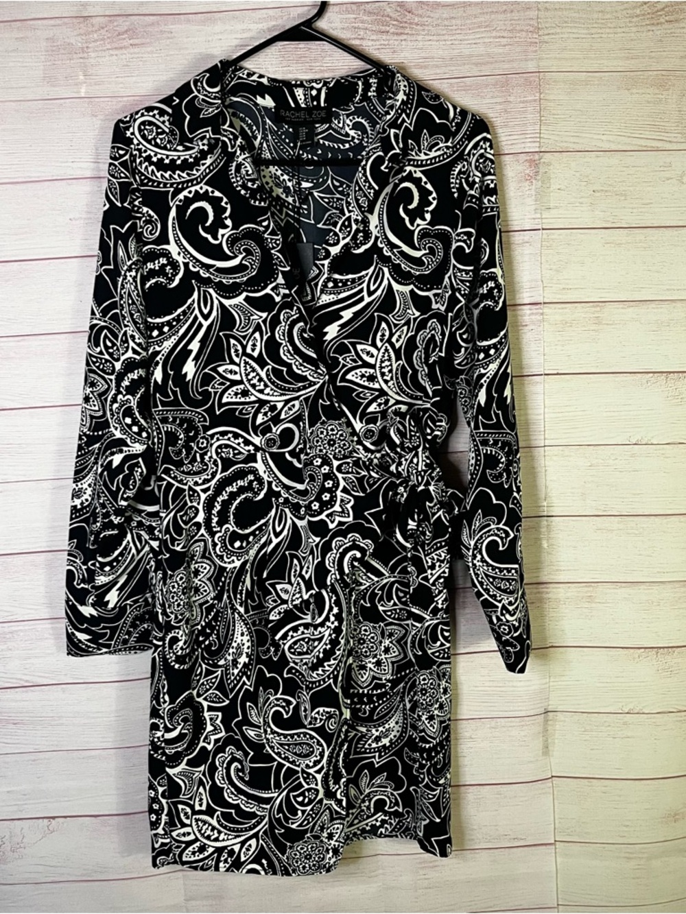 Rachel Zoe NEW Black White Paisley Print Faux Wrap Waist Tie Dress‎ Medium